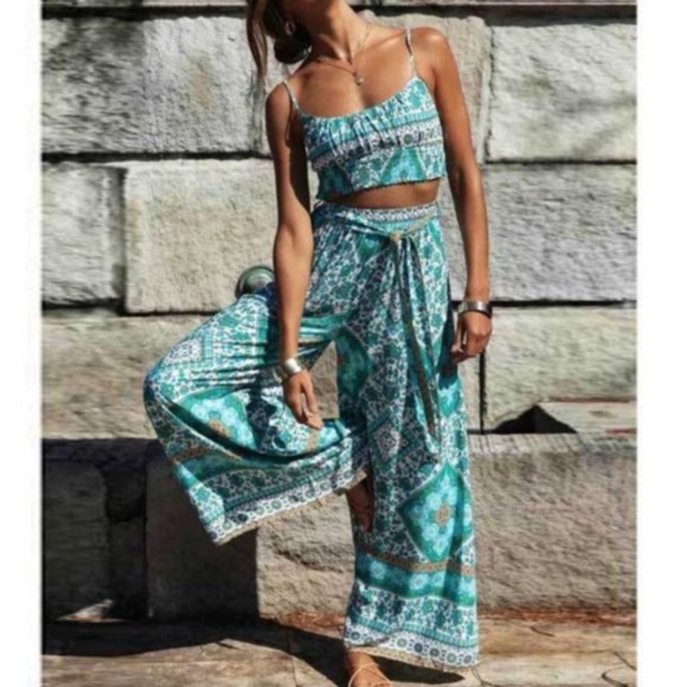 Boho mandala print crop Cami top wide leg Pants Set - Picture 5 of 9